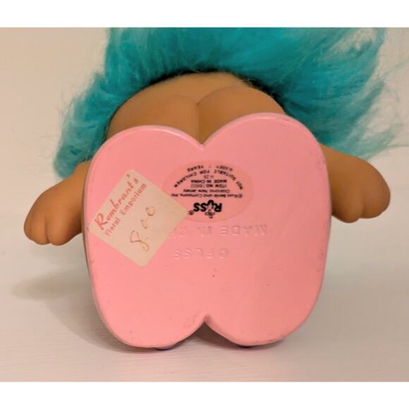 VTG Russ Easter Bunny Troll Doll 5" Girl Pink Bunny Slippers Ears Blue Hair - Picture 6 of 6